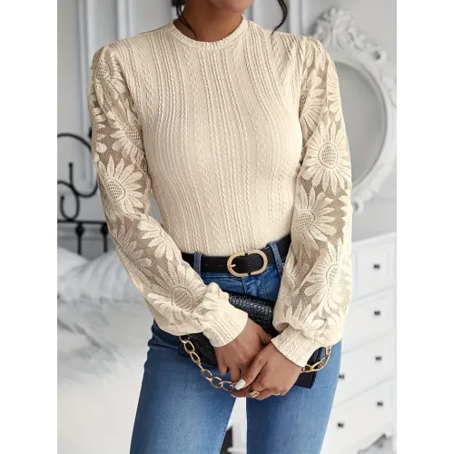 Elegant Women's Long Sleeve Bodysuit with Mesh Detail - Crew Neck, Stretchy Polyester Blend, Machine Washable
