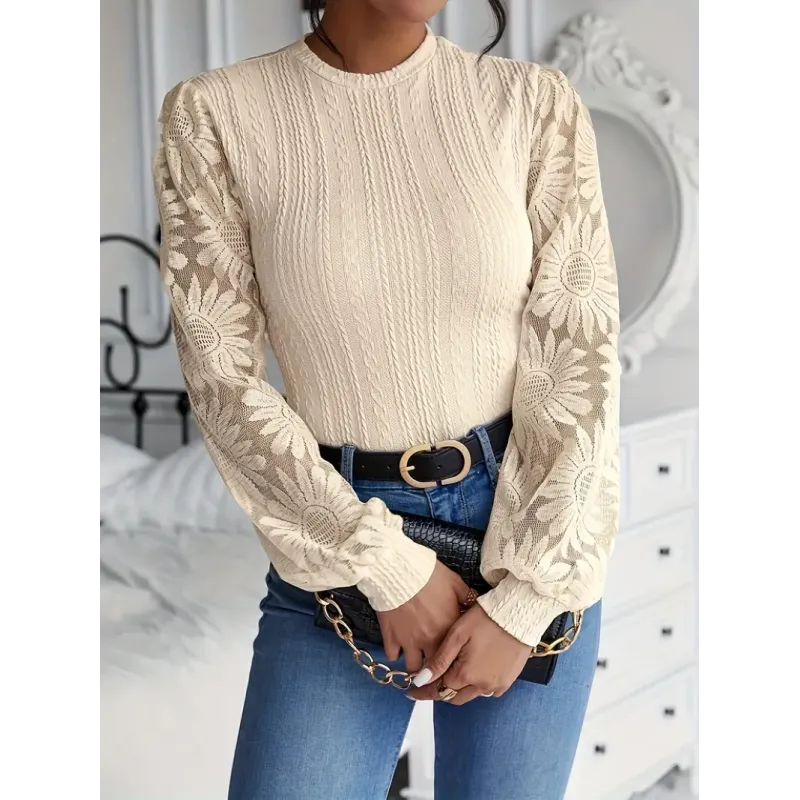 Elegant Women's Long Sleeve Bodysuit with Mesh Detail - Crew Neck, Stretchy Polyester Blend, Machine Washable
