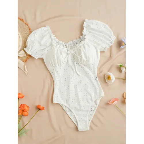 Eyelet Embroidery Sweetheart Neck Bodysuit, Casual Tie Neck Puff Sleeve Bodysuit, Women's Clothing