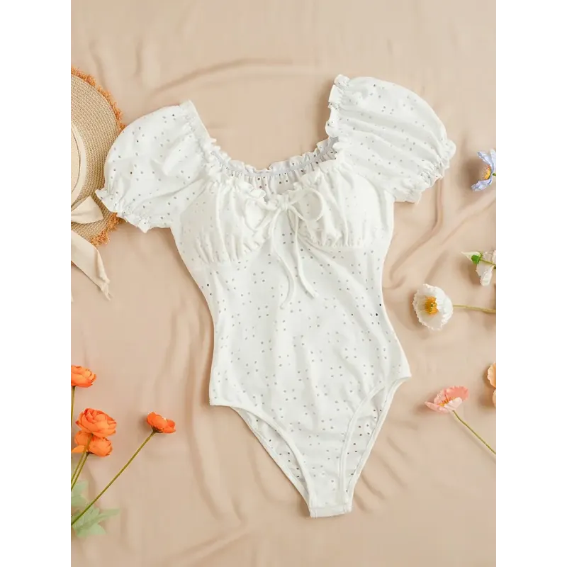 Eyelet Embroidery Sweetheart Neck Bodysuit, Casual Tie Neck Puff Sleeve Bodysuit, Women's Clothing