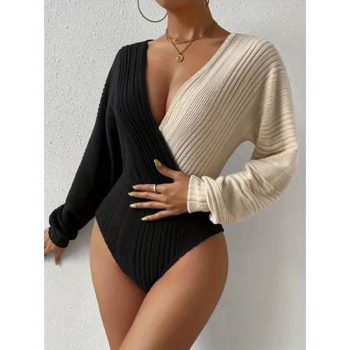 Color Block Long Sleeve Bodysuit, Elegant Backless Surplice Neck Slim Bodysuit For Spring & Fall, Women's Clothing