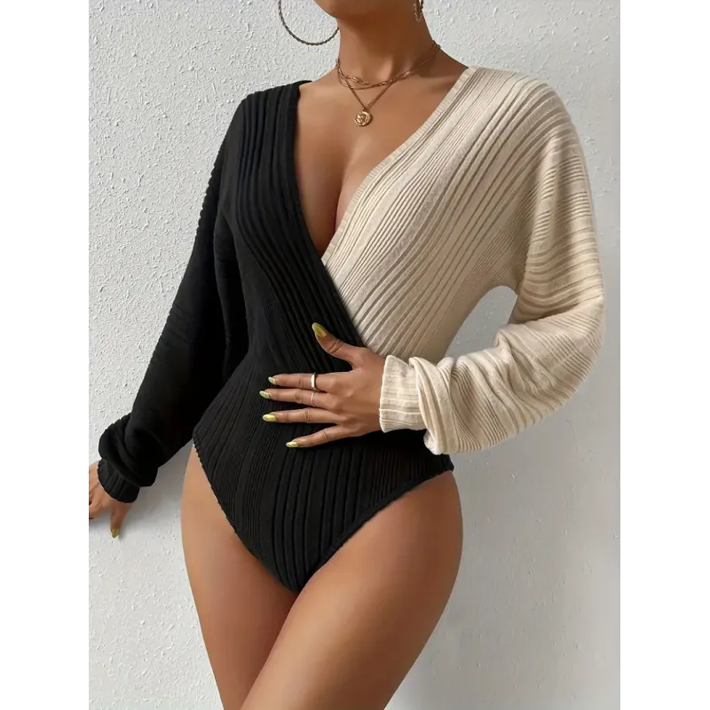 Color Block Long Sleeve Bodysuit, Elegant Backless Surplice Neck Slim Bodysuit For Spring & Fall, Women's Clothing