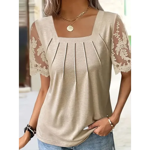 Contrast Lace Square Neck T-Shirt, Elegant Short Sleeve T-Shirt For Spring & Summer, Women's Clothing