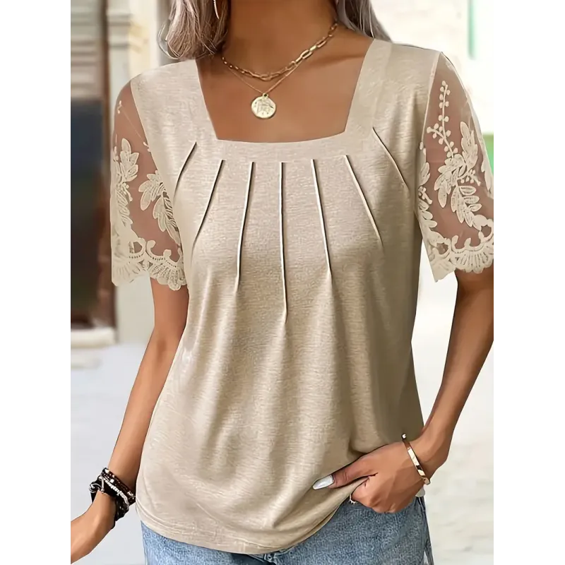 Contrast Lace Square Neck T-Shirt, Elegant Short Sleeve T-Shirt For Spring & Summer, Women's Clothing