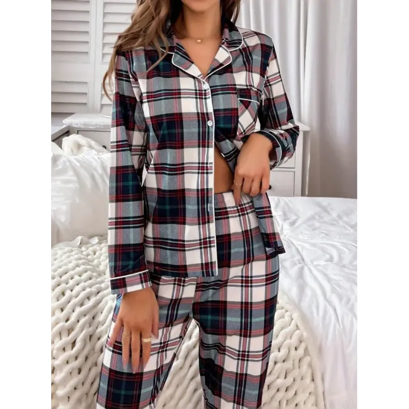 Women's Plaid Pajama Set Long Sleeve Lapel Collar with Pockets, Knit Fabric Polyester Blend, Casual Loungewear for Fall/Winter Women's Plaid Pajama Set Long Sleeve Lapel Collar with Pockets, Knit Fabric Polyester Blend, Casual Loungewear for Fall/Winter