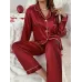 Simple Solid Satin Lounge Set, Long Sleeve Buttons Lapel Top & Elastic Pants, Women's Loungewear