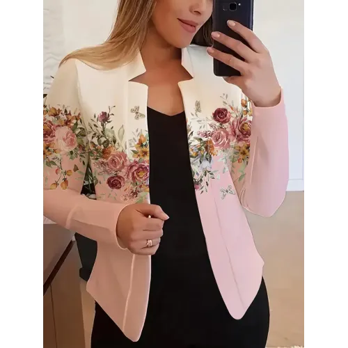 Floral Print Open Front Blazer, Elegant Long Sleeve Blazer For Work & Office, Women's Clothing