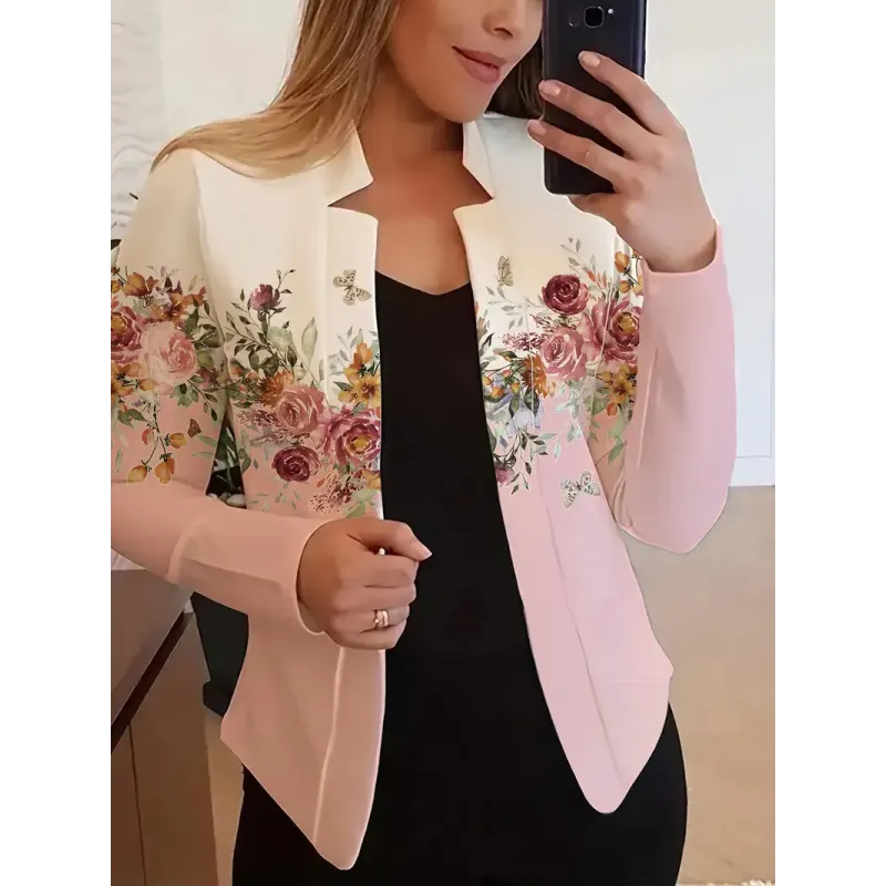 Floral Print Open Front Blazer, Elegant Long Sleeve Blazer For Work & Office, Women's Clothing