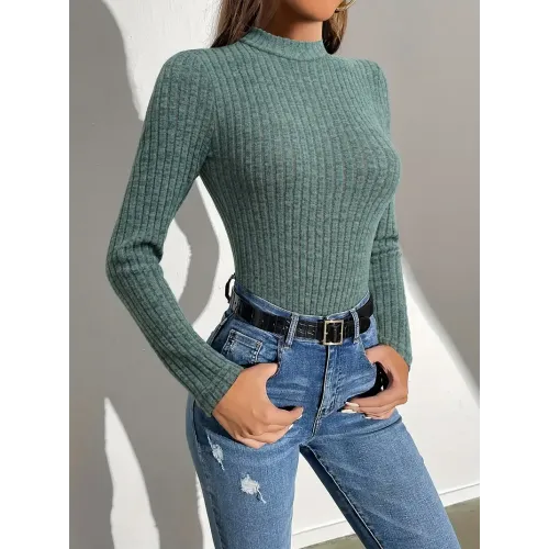 Elegant Ribbed Mock Neck Bodysuit for Women - Slim Fit, Stretchy Polyester Blend, Machine Washable