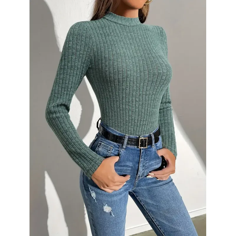 Elegant Ribbed Mock Neck Bodysuit for Women - Slim Fit, Stretchy Polyester Blend, Machine Washable
