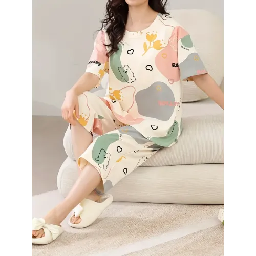 Women's Casual Pajama Set, Cartoon Print, Round Neck, Summer Short Sleeve With Padded Top, Capri Pants Sleepwear Set