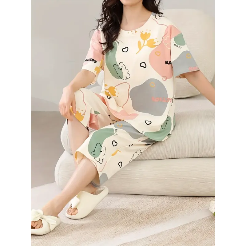 Women's Casual Pajama Set, Cartoon Print, Round Neck, Summer Short Sleeve With Padded Top, Capri Pants Sleepwear Set