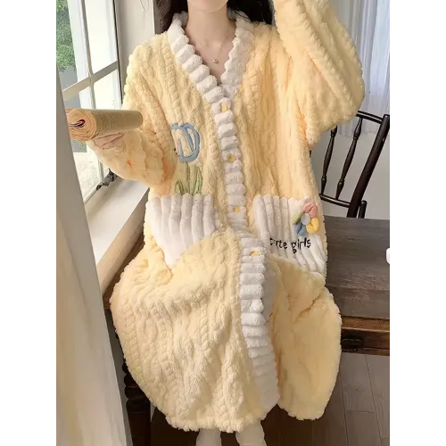 Floral Pattern Textured Nightgown, Long Sleeve Button Up Flannel Bathrobe With Pockets, Women's Sleepwear