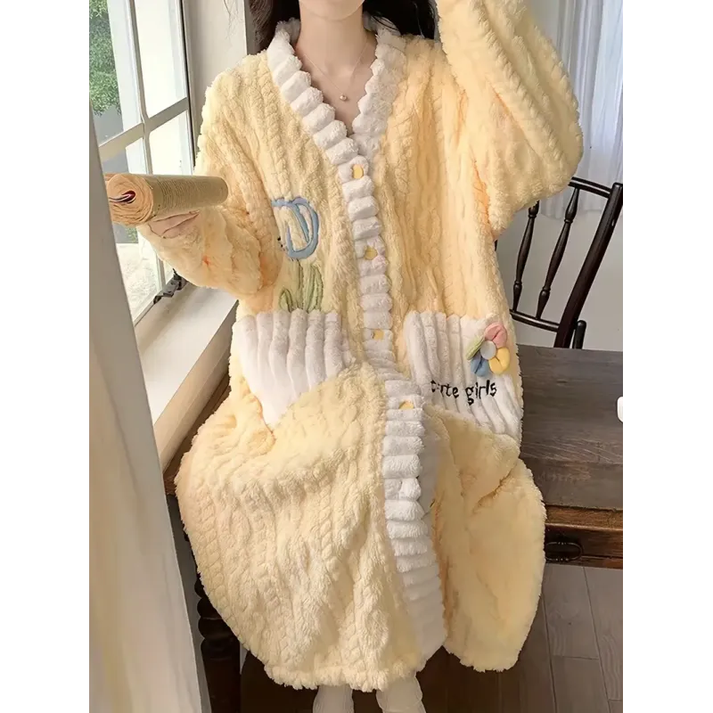 Floral Pattern Textured Nightgown, Long Sleeve Button Up Flannel Bathrobe With Pockets, Women's Sleepwear
