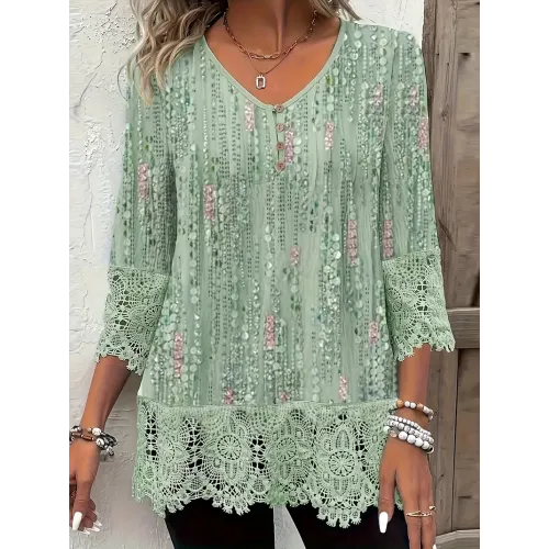 Allover Print Contrast Lace T-Shirt, Casual V Neck Short Sleeve T-Shirt For Spring & Summer, Women's Clothing