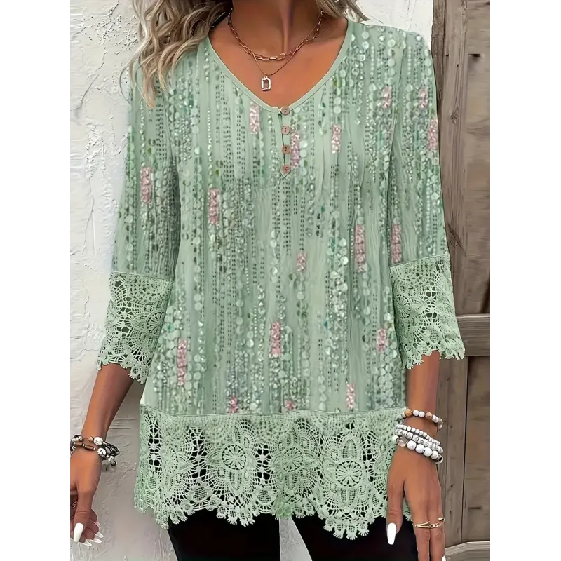 Allover Print Contrast Lace T-Shirt, Casual V Neck Short Sleeve T-Shirt For Spring & Summer, Women's Clothing
