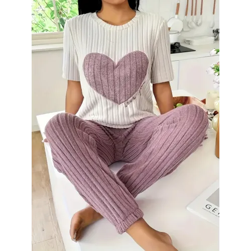 Vnook Women's Cozy Pajama Set - Heart & Letter Print, Short Sleeve Round Neck Top with Long Pants