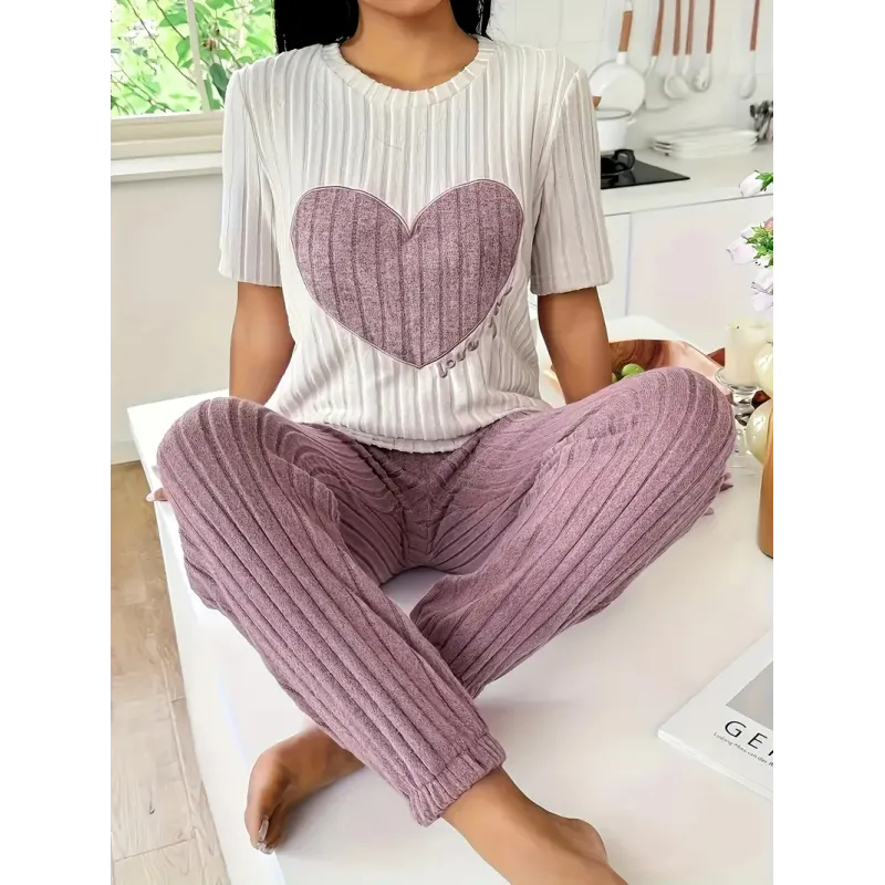 Vnook Women's Cozy Pajama Set - Heart & Letter Print, Short Sleeve Round Neck Top with Long Pants