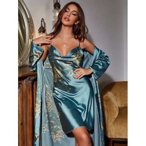 Women's Elegant Cherry Blossom Print Sexy 2-Piece Sleepwear Set, Fashionable Satin Robe & Turtleneck Slip Nightdress