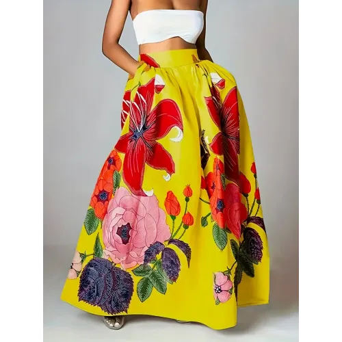 Floral Print Pocket Design Skirt, Elegant Elastic High Waist Maxi Skirt For Spring & Fall, Women's Clothing