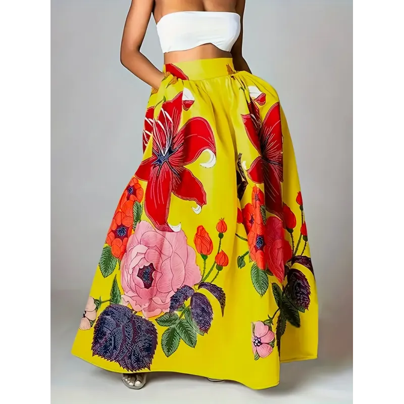 Floral Print Pocket Design Skirt, Elegant Elastic High Waist Maxi Skirt For Spring & Fall, Women's Clothing