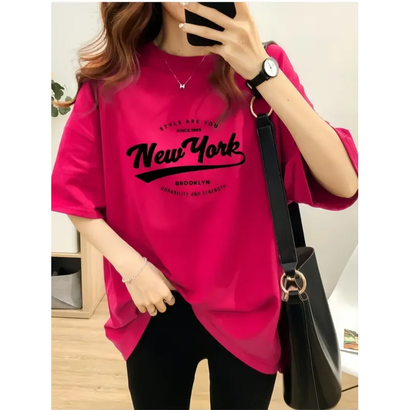 Letter Print T-shirt, Half Sleeve Crew Neck Casual Top For Summer & Spring, Women's Clothing