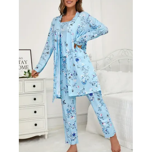 Women's Floral and Butterfly Print 3-Piece Pajama Set with Long Pants & Long Sleeve Belted Robe, Casual Crew Neck