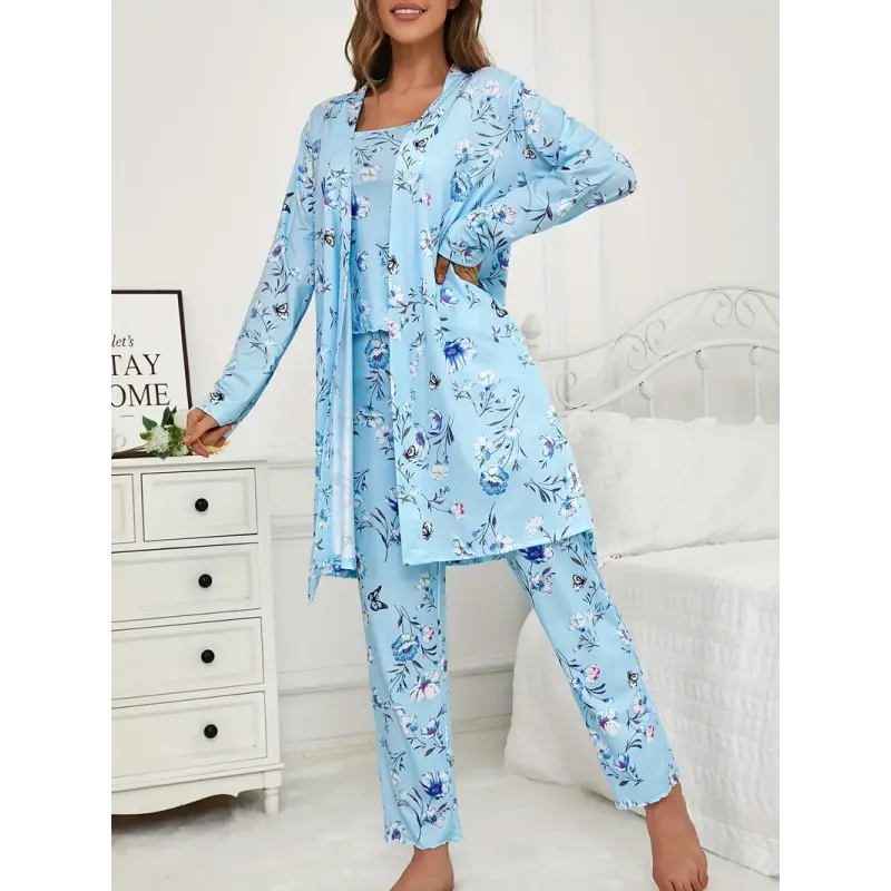 Women's Floral and Butterfly Print 3-Piece Pajama Set with Long Pants & Long Sleeve Belted Robe, Casual Crew Neck