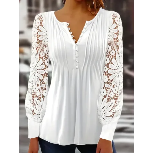Lace Contrast Pleated Front T-Shirt, Button V Neck Long Sleeve T-Shirt, Casual Every Day Tops, Women's Clothing