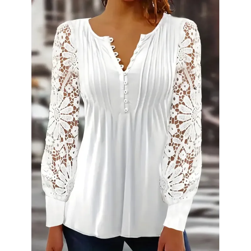Lace Contrast Pleated Front T-Shirt, Button V Neck Long Sleeve T-Shirt, Casual Every Day Tops, Women's Clothing