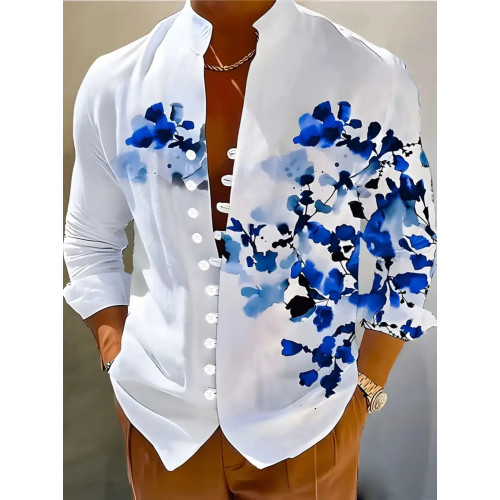 3D Pattern Print Men's Casual Long Sleeve Plant Plum Painting Shirt