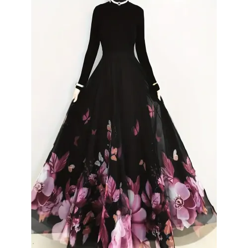 Floral & Butterfly Print High Waist Skirt, Elegant Ruffle Hem Flowy Maxi Skirt, Women's Clothing