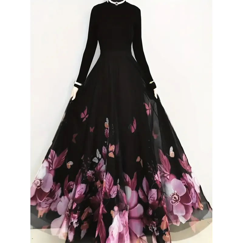 Floral & Butterfly Print High Waist Skirt, Elegant Ruffle Hem Flowy Maxi Skirt, Women's Clothing