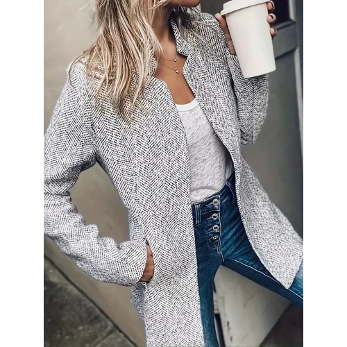 Marled Open Front Blazer, Elegant Long Sleeve Slim Fit Blazer For Winter & Fall, Women's Clothing