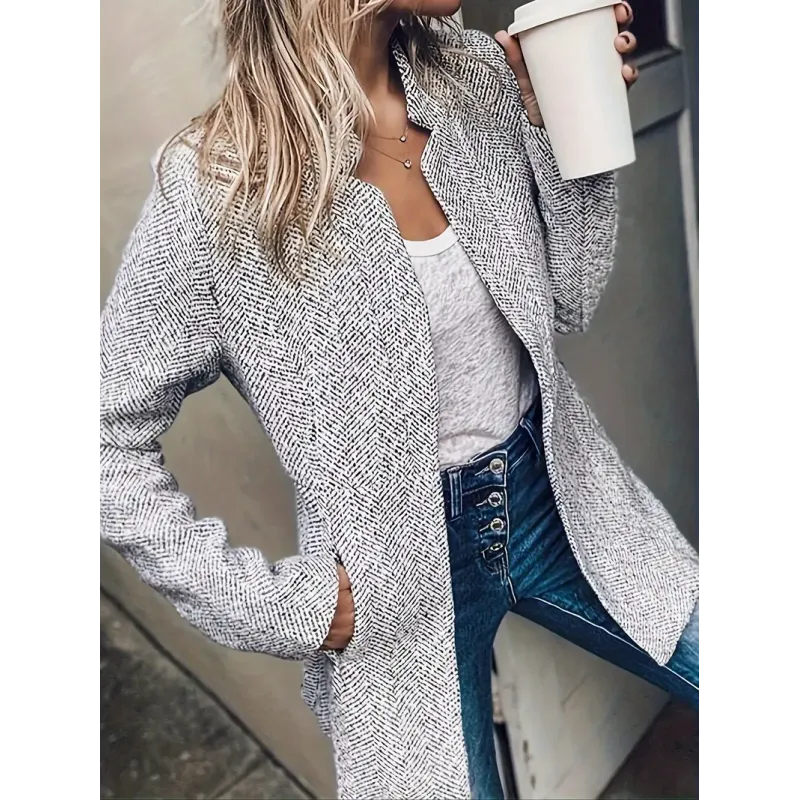 Marled Open Front Blazer, Elegant Long Sleeve Slim Fit Blazer For Winter & Fall, Women's Clothing