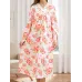 Women's Ditsy Floral Print Elegant Lace Trim Sleepwear Dress, Long Sleeve V Neck Midi Dress, Comfortable Nightgown