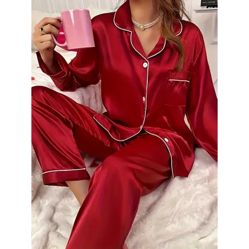 Simple Solid Satin Lounge Set, Long Sleeve Buttons Lapel Top & Elastic Pants, Women's Loungewear
