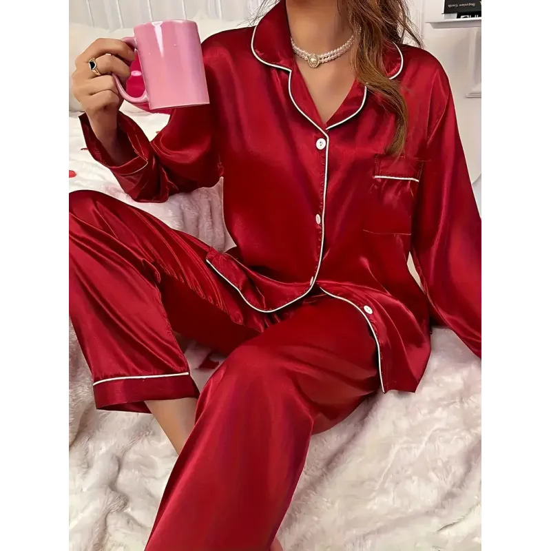 Simple Solid Satin Lounge Set, Long Sleeve Buttons Lapel Top & Elastic Pants, Women's Loungewear