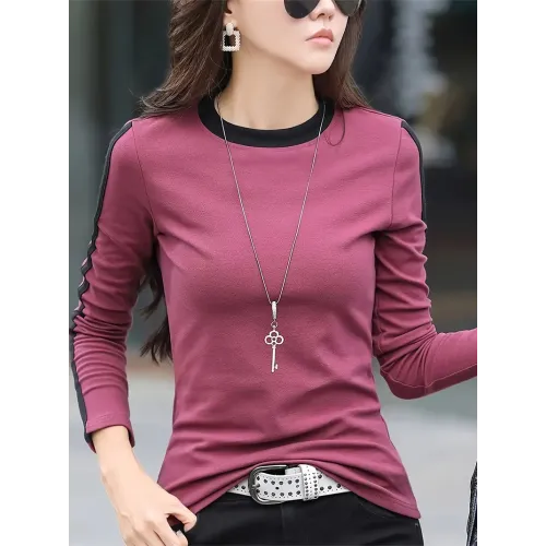 Color Block Crew Neck T-Shirt, Casual Long Sleeve T-Shirt For Spring & Fall, Women's Clothing