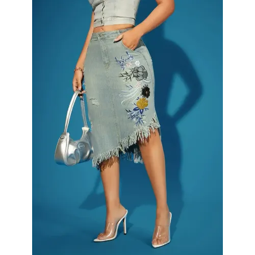 Floral Embroidery Raw Hem Irregular Hem Ripped Retro Elegant Style Midi Denim Skirt, Women's Denim Jeans & Clothing