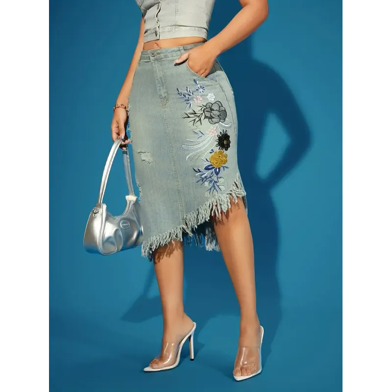 Floral Embroidery Raw Hem Irregular Hem Ripped Retro Elegant Style Midi Denim Skirt, Women's Denim Jeans & Clothing