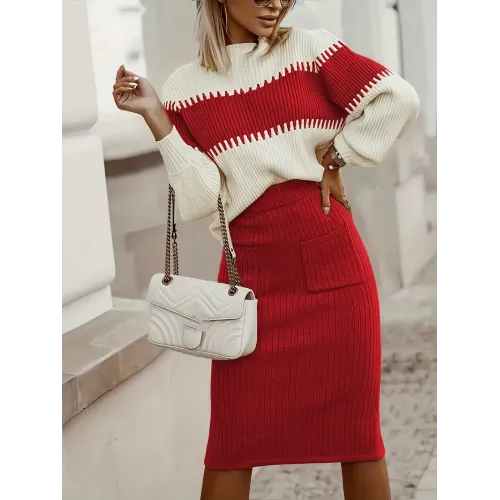 Casual Ribbed Two-piece Set, Color Block Knit Sweater & Solid Midi Sweater Skirts Outfits, Women's Clothing
