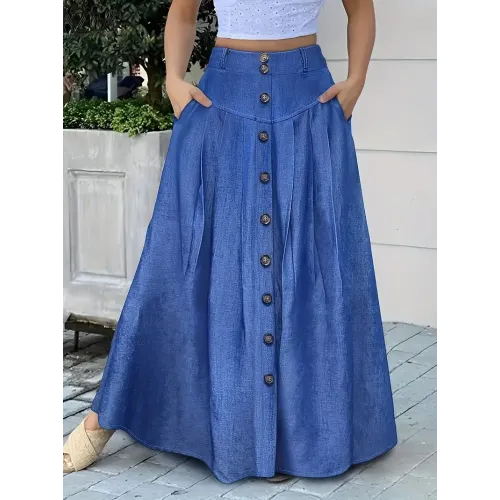 Dual Pocket Button Front Skirt, Casual Solid Color Loose Fit Skirt For Spring & Summer, Women's Clothing