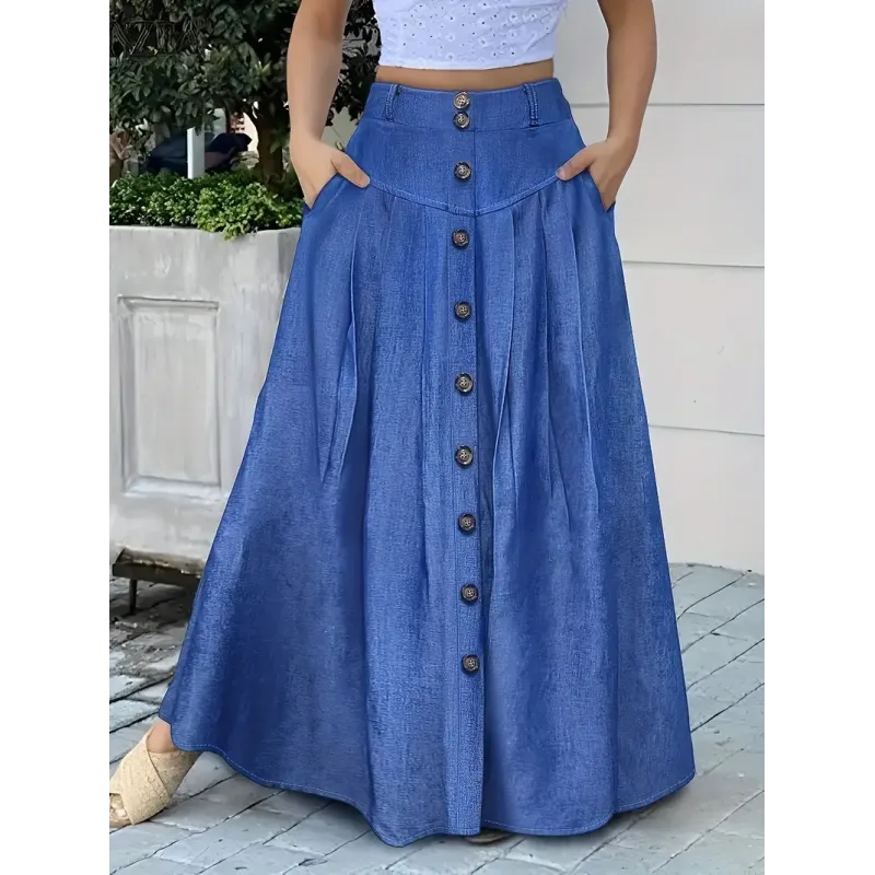 Dual Pocket Button Front Skirt, Casual Solid Color Loose Fit Skirt For Spring & Summer, Women's Clothing