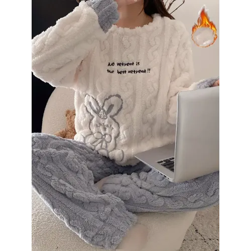 Women's Cute Bunny & Slogan Embroidery Jacquard Fleece Thickened Pajama Set, Long Sleeve Round Neck Top & Pants