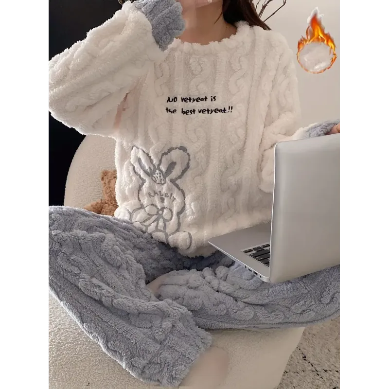 Women's Cute Bunny & Slogan Embroidery Jacquard Fleece Thickened Pajama Set, Long Sleeve Round Neck Top & Pants