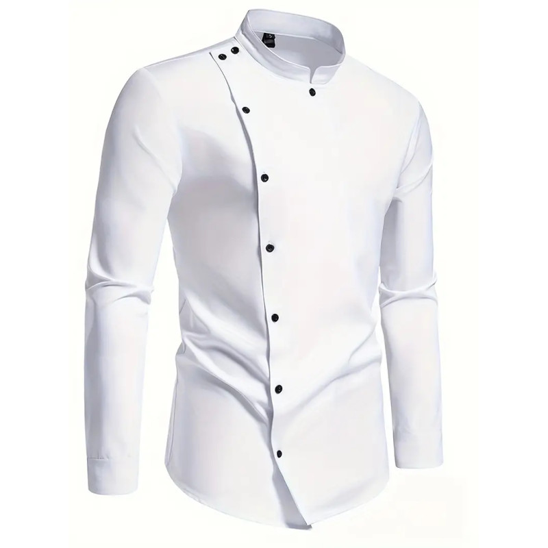 Casual Stretch Men's Long Sleeve Shirt with Unique Stand Collar