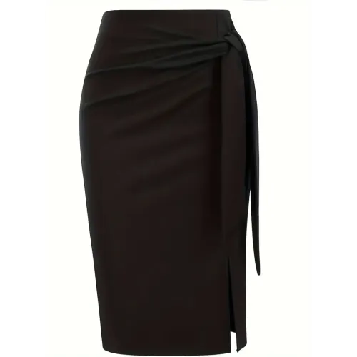 Knot Side Bodycon Midi Skirt, Elegant High Waist Split Skirt For Office & Work, Women's Clothing