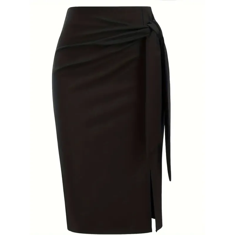 Knot Side Bodycon Midi Skirt, Elegant High Waist Split Skirt For Office & Work, Women's Clothing