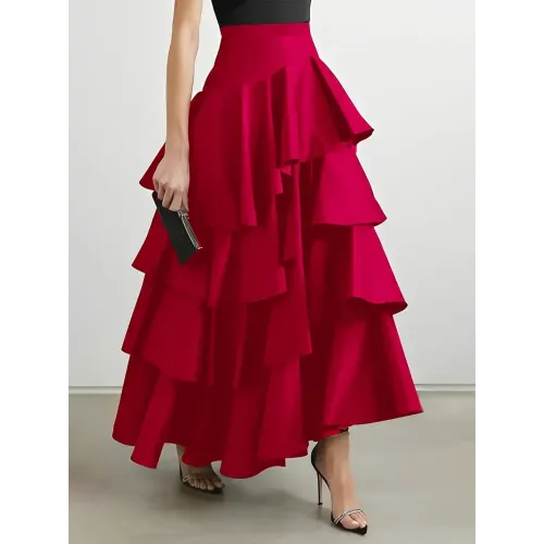 Layered Ruffle Asymmetrical Hem Skirt, Elegant High Waist Skirt For Fall & Winter, Women's Clothing